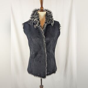White House Black Market Black Faux Suede Vest Fur Lined Winter Warm Womens Sz S